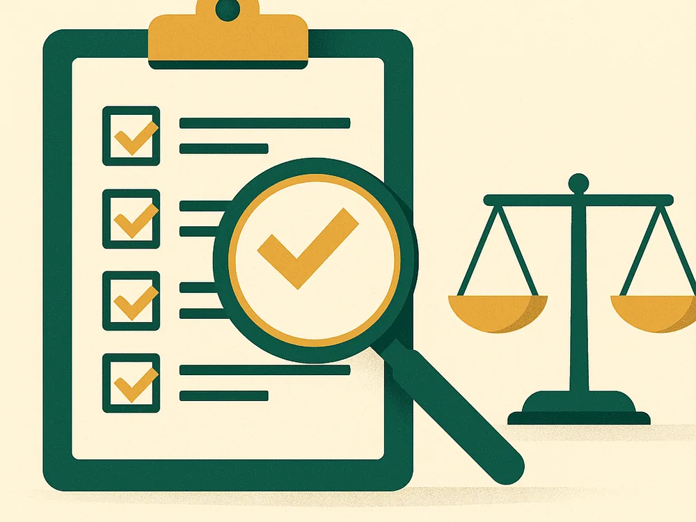 Illustrazione di una checklist con lente d'ingrandimento e bilancia, il metodo di valutazione dei casinò